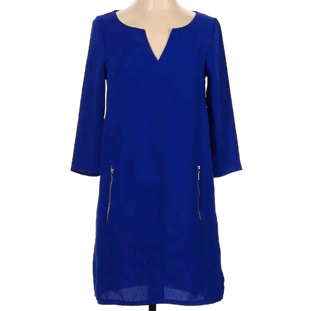 H&M‎ Royal Blue Dress Womens 8 Silver Zipper Pockets Classic 3/4 Sleeve Y2K 90s